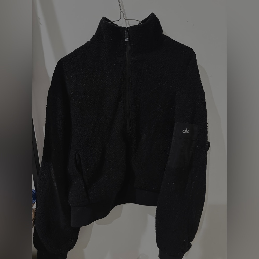 All Black Half-Zip Sherpa Fleece Pullover Jacket - Picture 2 of 2